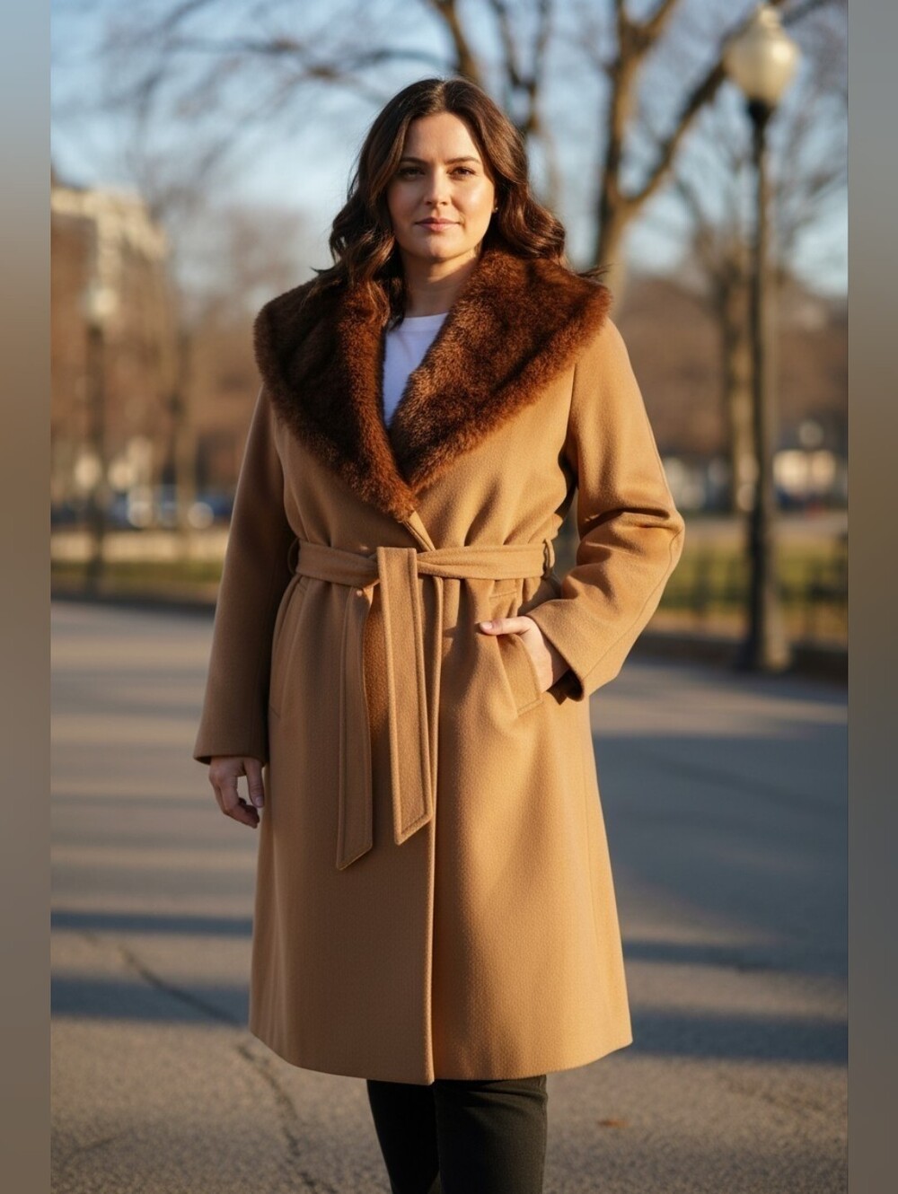Spiegel Vintage Camel Tam Long Wrap Coat w/ Faux Fur Collar